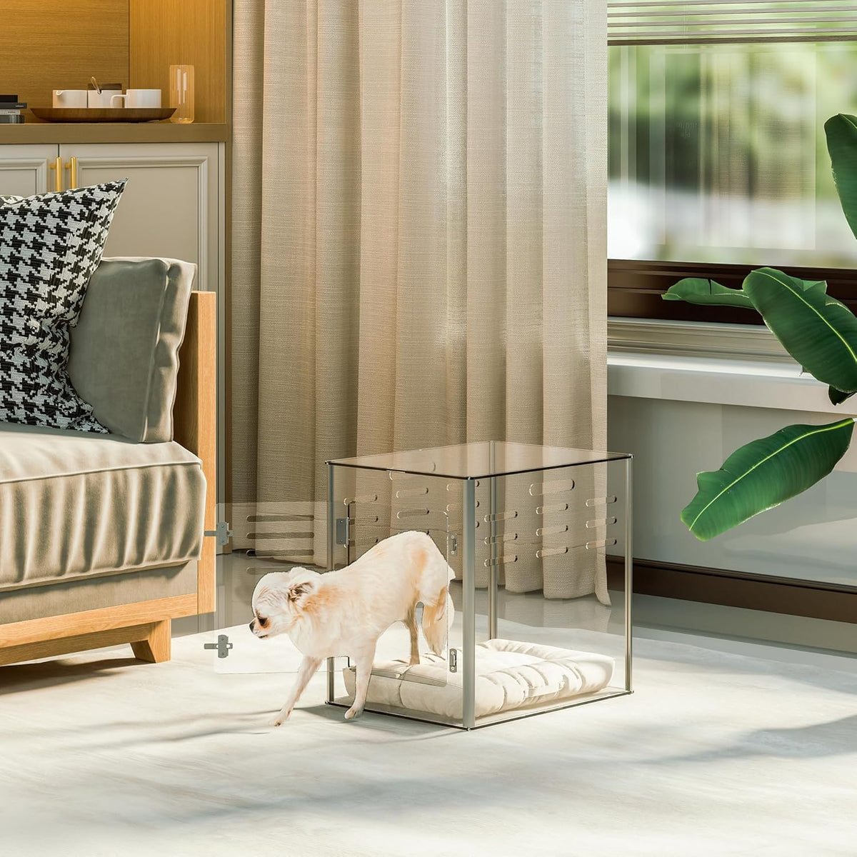 Acrylic dog cage - Clear and transparent dog house - Indoor lockable - High-intensity ventilation dog house - Suitable for small to medium-sized dogs (weighing no more than 45 pounds) - Fashionable transparent dog house cage, 30 inches long, 20 inche