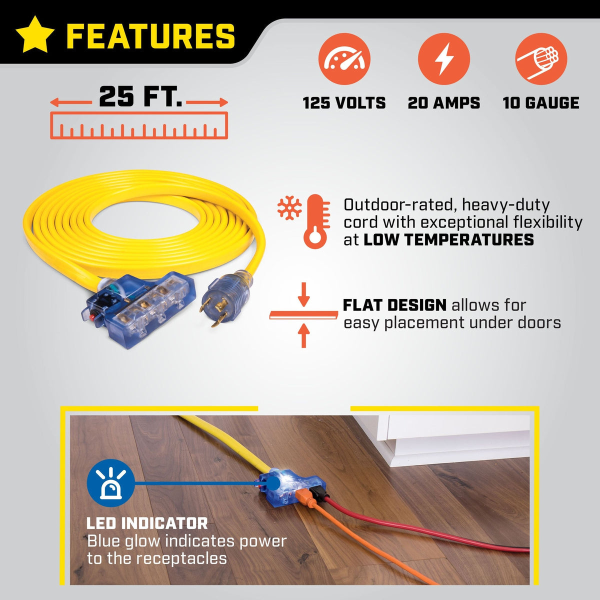 Champion 20A, 125V L5-30R Flat Design Generator Extension Cord, 25-ft