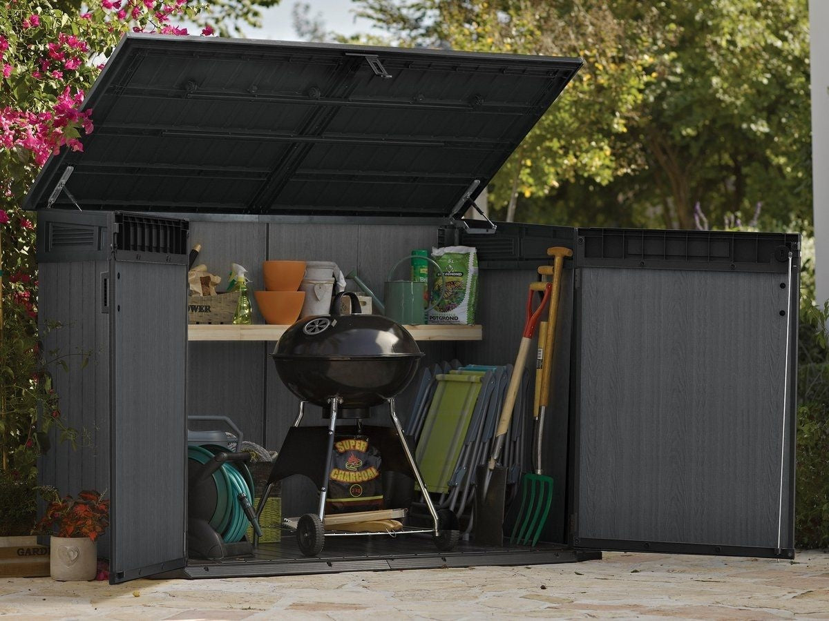 Keter Cortina Mega Horizontal 2-Door Resin Outdoor Storage Shed with Built-In Ventilation & Open Roof/Lid, Grey, 533-Gal
