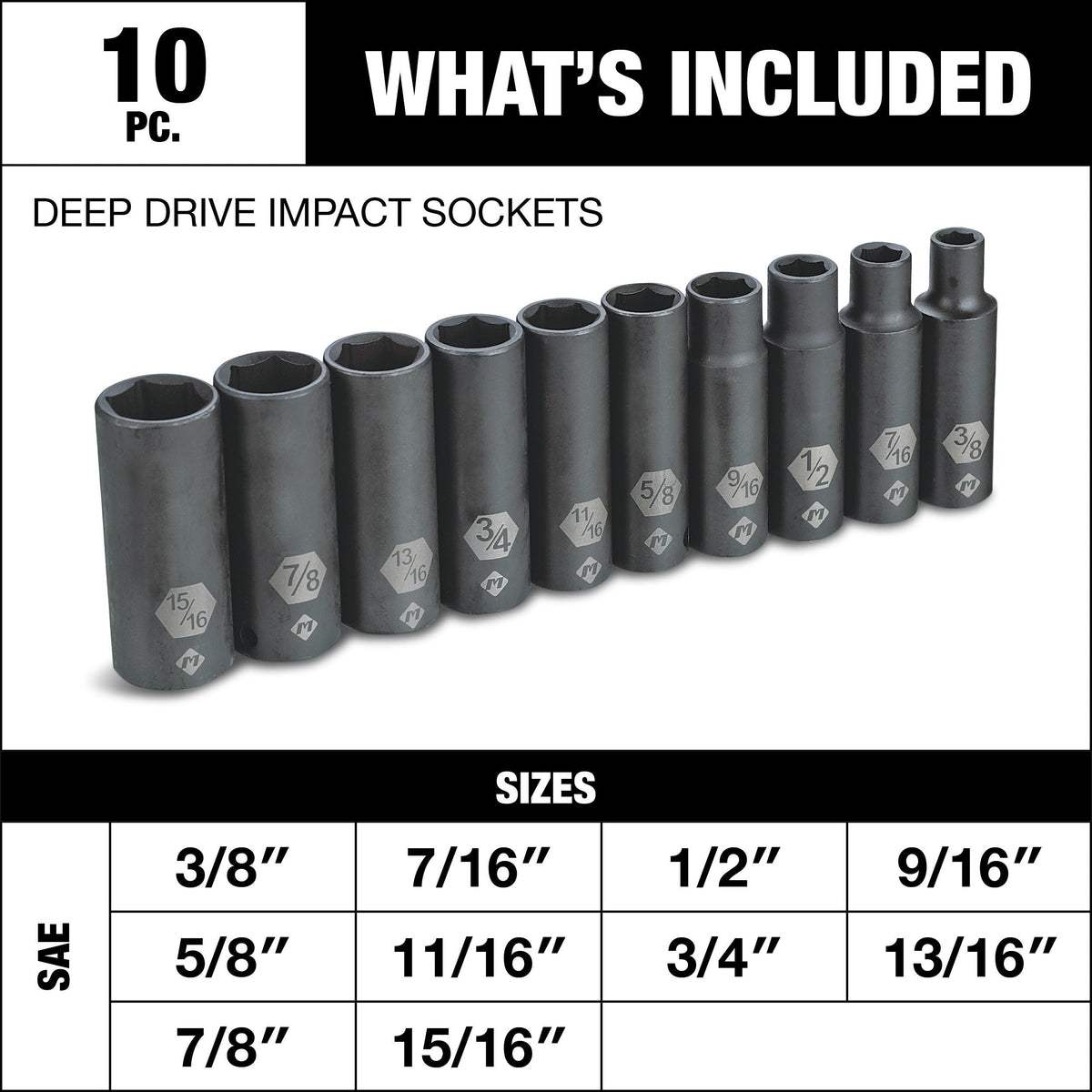 MAXIMUM 1/2-in Drive Deep Impact Socket Set, SAE, 10-pc