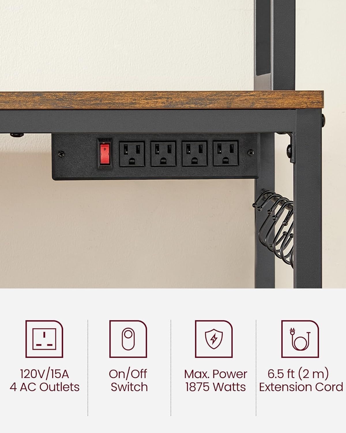 Songmics Home Rustic Brown Baker's Rack with 4 AC Outlets