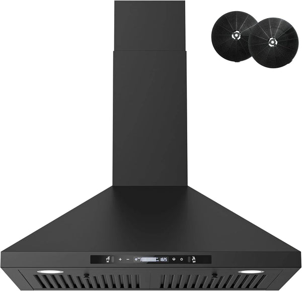 Wall-mounted black kitchen exhaust hood, 30 inches, 900 cubic feet per minute, built-in exhaust duct, three-speed exhaust fan, gesture/touch control, timer function, two baffles filters, stainless steel stove exhaust hood Q8