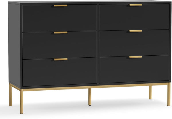 Black Dresser for Bedroom, Modern 6 Drawer Dresser, Chest of Drawers Closet Organizers and Wood Storage Clothes, White Dresser with Golden Handles for Living Room, Hallway K9