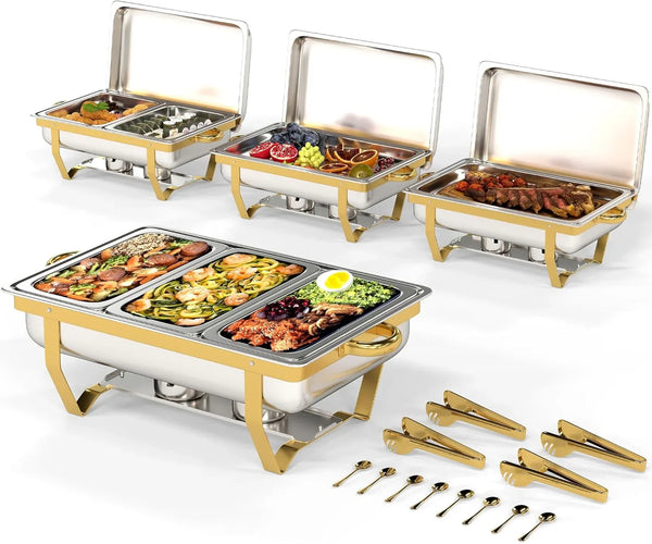 4 Pack Stainless Steel Chafing Dishes for Buffet, 9 QT Capacity 7 Pans Food Warmers for Parties, Weddings, Events Hosting, Family Gatherings, Full Set Catering Server with Serving Utensils Accessories Q2