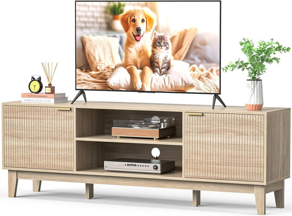 70" TV Stand for Living Room, Fluted Mid-Century Modern TV Console for TVs up to 80 inch, Farmhouse Entertainment Center with 2 Storage, Media Console Table for Living Room, Oak F6