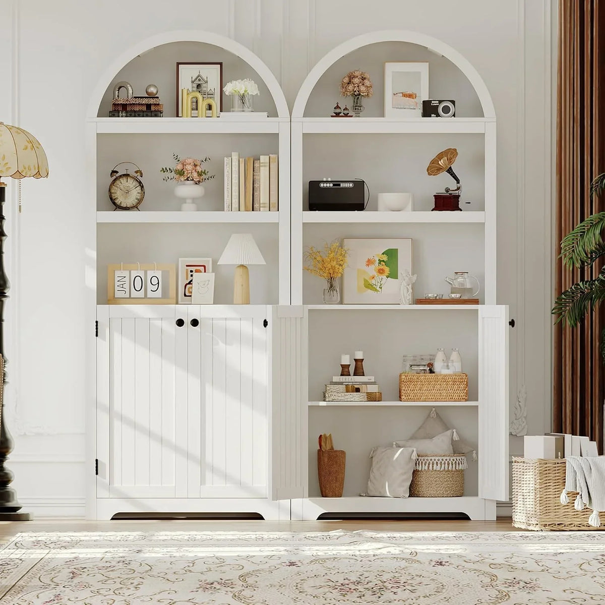 72'' Tall Farmhouse Bookcase, 5 Tier Arched Bookshelf with Double Doors & Adjustable Shelf, Display Storage Shelves, for Bedroom, Living Room, Home Office