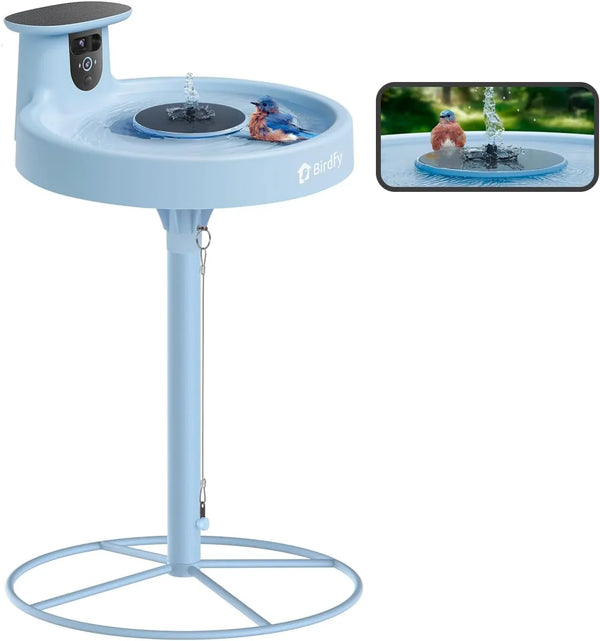 Smart Bird Bath, equipped with a camera, solar power supply, fountain and stand. It features a dual-lens camera for bird observation, automatically captures bird videos and has motion detection functionality. D0