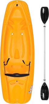 Pelican Solo EVO DLX - Kids Sit on top Kayak with Paddle and Decals - Mango - Twin Tunnel Hull with Swim up Deck - Lighweight & Durable