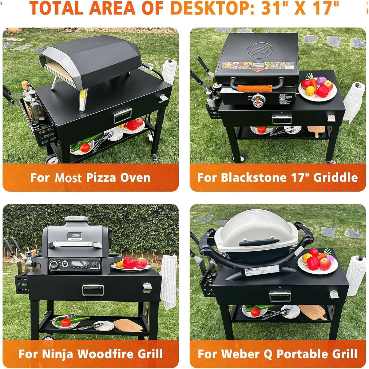 Foldable barbecue table cart, black stone portable frying pan, Weber, Onni pizza oven - Portable outdoor barbecue preparation table, equipped with a bag, very suitable for camping and tailgate events.