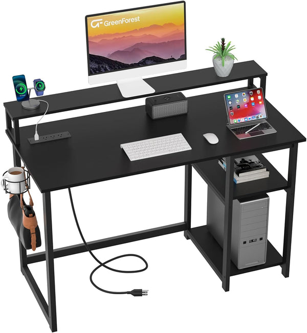 47 inch Computer Desk with Power Outlets, Small Home Office Desk with Ergonomic Monitor Stand, Reversible Gaming Desk, Modern Study Desk, Laptop Desk, White Z1