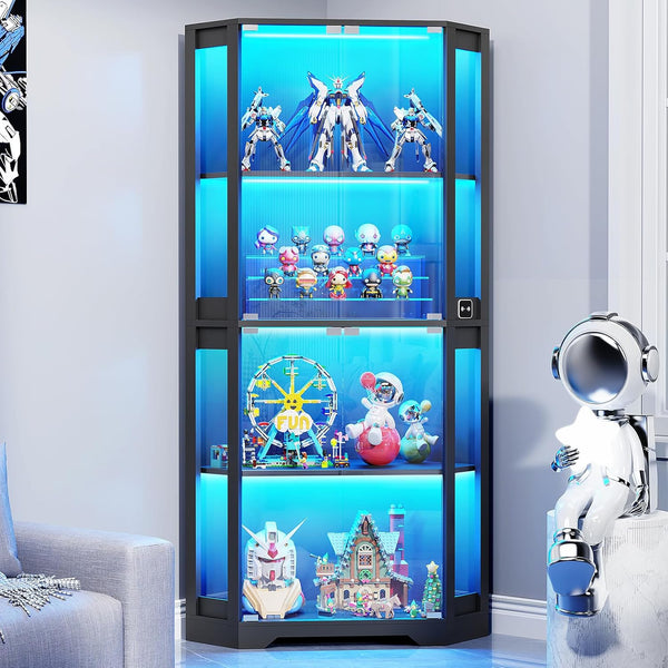 Corner Display Cabinet with Glass Doors, 65" Lighted Curio Cabinet with 3 Color Lights for Collectibles, 4-Tier Display Case Bookcase with Human Body Sensor for Toys, Books, Trophy, Black L3