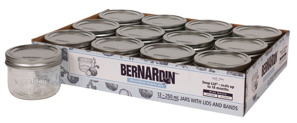 Bernardin Wide Mouth Decorative Glass Mason Jars with Snap Lids and Bands, 250 mL, 12 Count L6