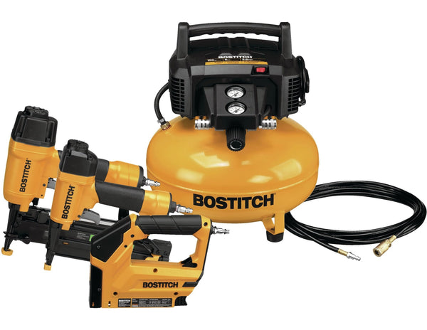 Bostitch Oil-Free Portable 3-Gun & Pancake Air Compressor Combo Kit, 150-PSI H4