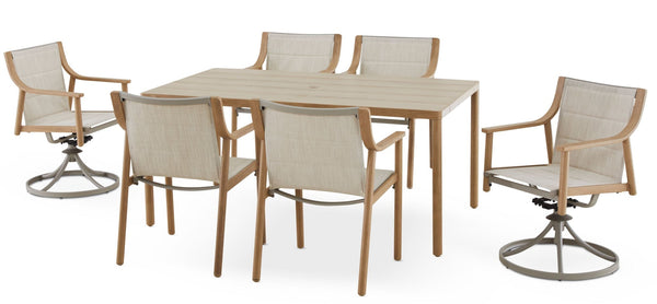 CANVAS Sauble Sling Outdoor Patio Dining Set with Swivel Chairs and Umbrella Hole, Tan, 7-pc F6