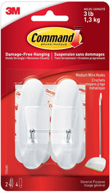 Command Medium General Purpose Wire Hooks with Adhesive Strips, White, 3-lbs, 2 Strips Per Pack