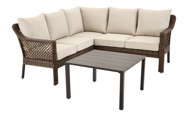 FOR LIVING Bracebridge All-Weather Wicker Outdoor Patio Sectional with Woodgrain Steel Table Top, Brown, 3-pc O3