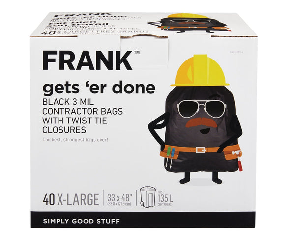 FRANK Extra-Large Twist-Tie Contractor Garbage Bags, 40-pk, Black, 135-L P8