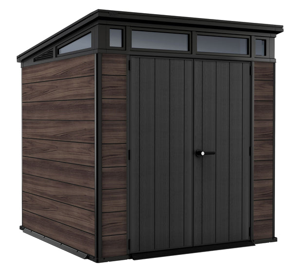 Keter Pent Durable DecoCoat Lockable 2-Door Resin Outdoor Storage Shed with Windows, Brown, 7-ft x 7-ft T6