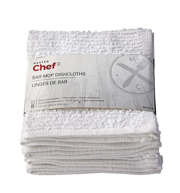 MASTER Chef Terry Cotton Bar Mop Dishcloths, Reusable, 12-in x 12-in, 8-pk, White F6