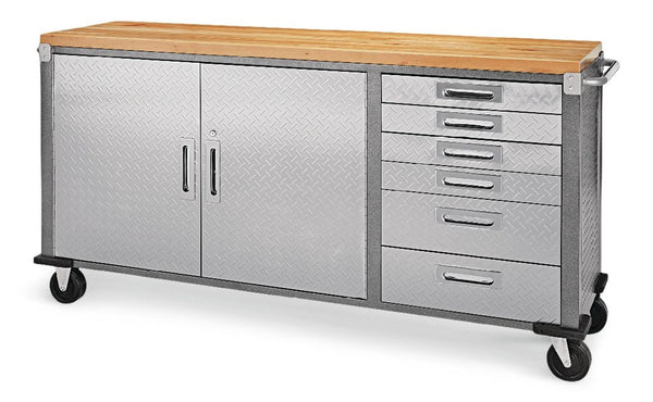 Mastercraft 72" Diamond Series 2-Door, 6-Drawer Wooden Top Work Station with Wheels, 72 x 21-5/8 x 37-1/2-in K8