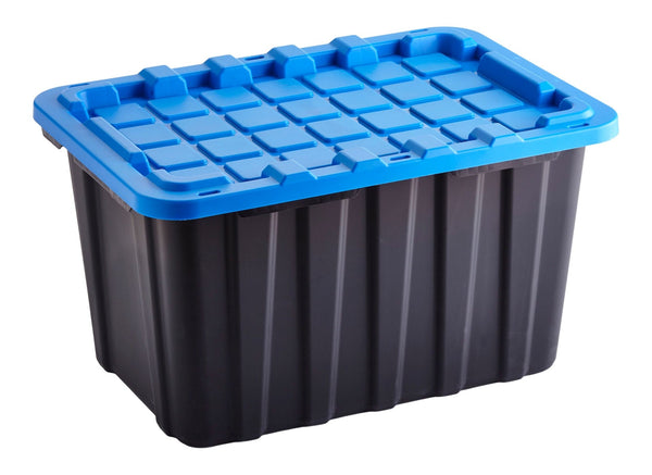 Mastercraft Heavy Duty Stackable Storage Box with Lid, 102-L, Black/Blue F9
