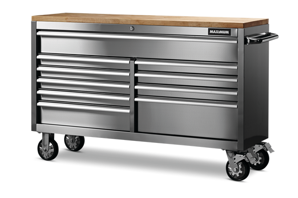 MAXIMUM Butcher Block Top Rolling Tool Storage Cabinet with 10 Drawers, Stainless Steel, 56-in G0