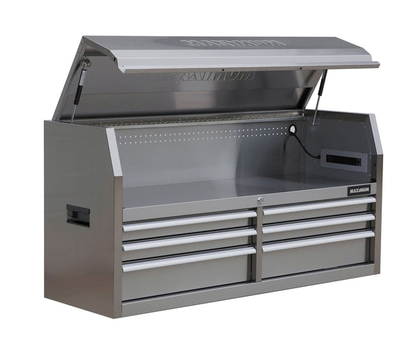 MAXIMUM Tool Storage Chest with 6 Drawers, Powerbar with USB, Stainless Steel, 56-in X2