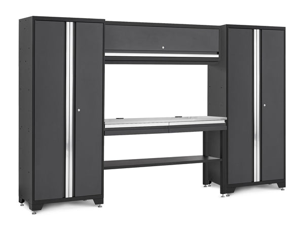 NewAge Bold 3.0 Series Lockable Steel Garage Cabinetry Set with Stainless Steel Top, Grey, 120-in x 18-in x 72-in, 5-pc B5