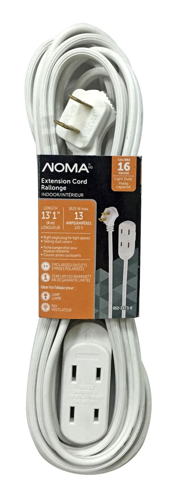 NOMA 15-ft 16/2 Indoor Extension Cord, 3 Outlets, Flat Plug, White U4