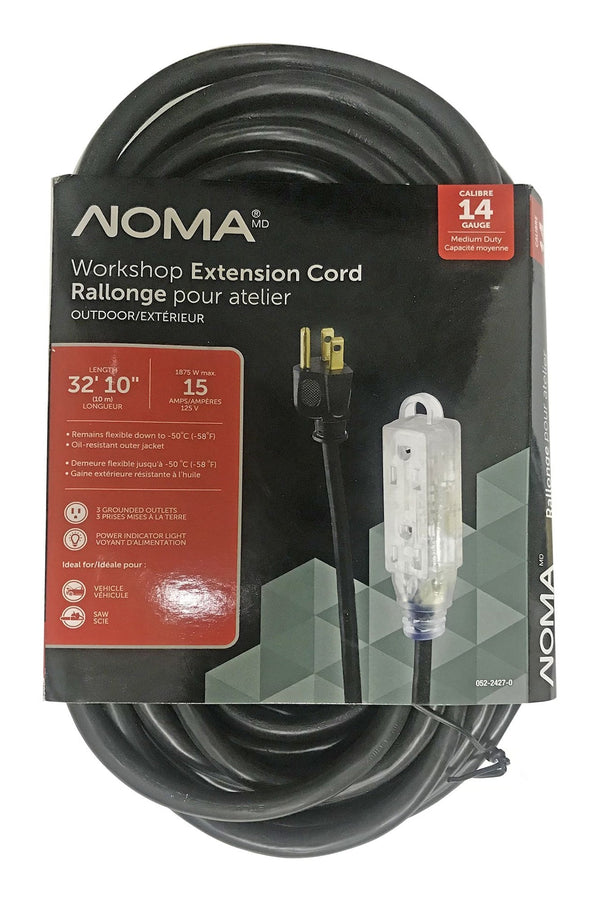 NOMA 32-ft 10-in 14/3 Outdoor Extension Cord with 3 Grounded Outlets and Lighted End, Black F7