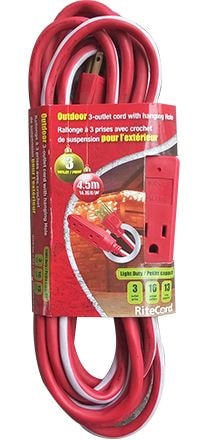 Ritecord 14-ft 7-in 16/3 Outdoor Extension Cord with 3 Grounded Outlets, Red/White/Green M1