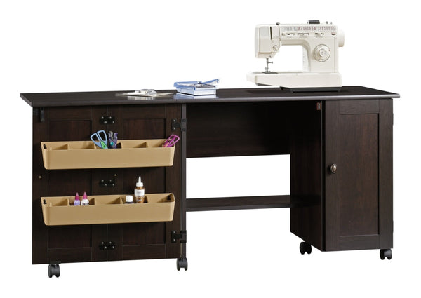 Sauder Folding Sewing & Craft Table/Storage Cart with Locking Wheels, Cinnamon Cherry Finish H0
