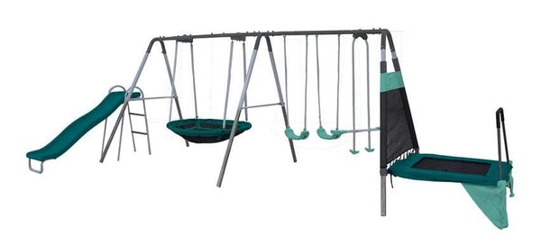 Sportspower Outdoor Ravine Metal Swing Set Combo, 2 Swings, Glider, Trampoline & Saucer V3
