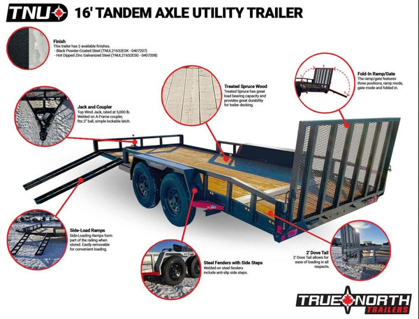 True North 83-in x 16-ft Tandem Axle Utility Trailer, Black T1